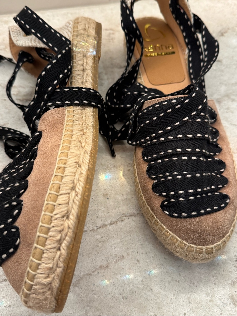Source Unknown Taupe Suede Espadrilles with Black Lace-Up Straps